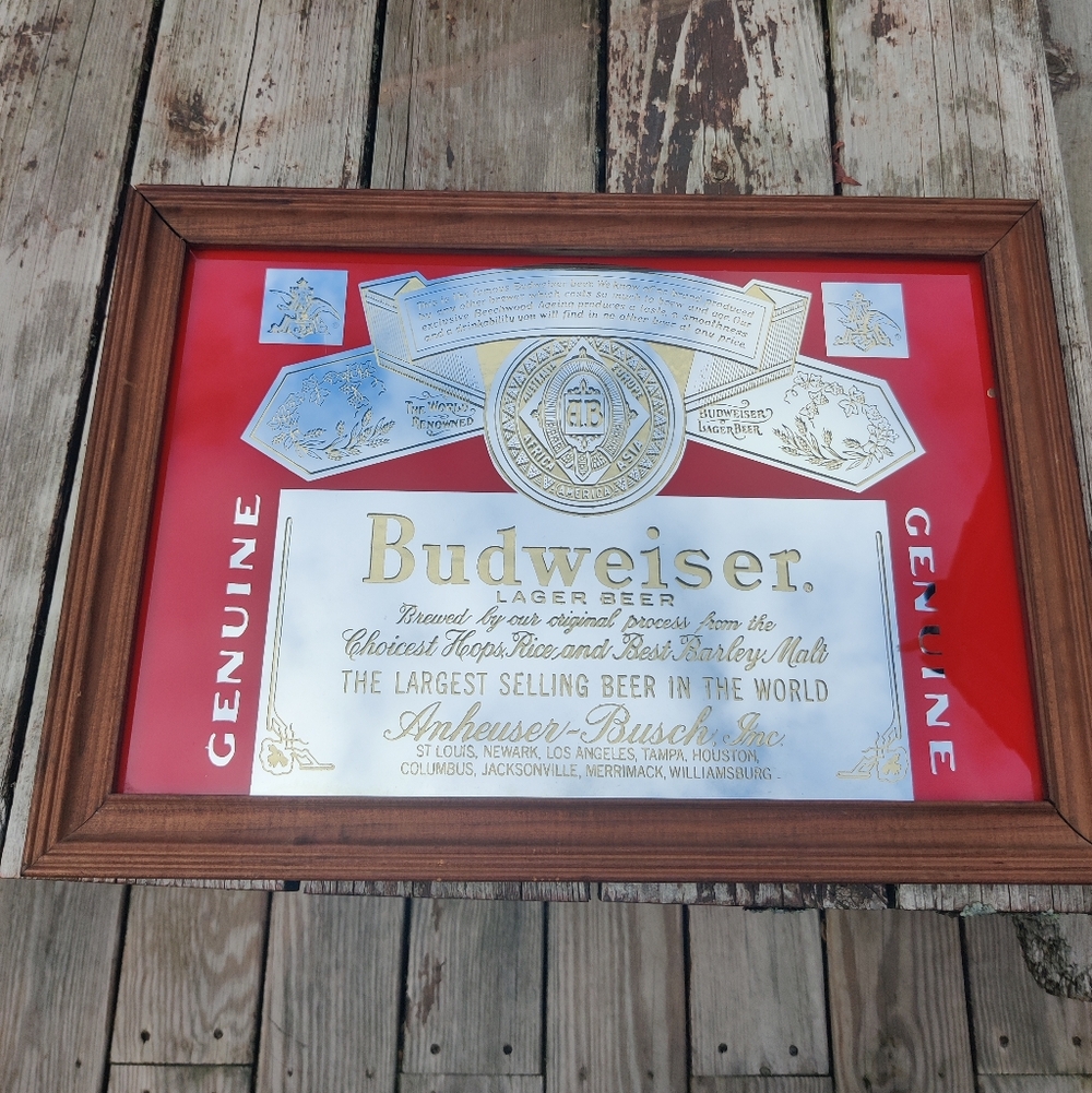 Vintage Budweiser Mirrored Beer Sign 20 1/2" x 14 1/2" Wood Frame Anheuser Busch